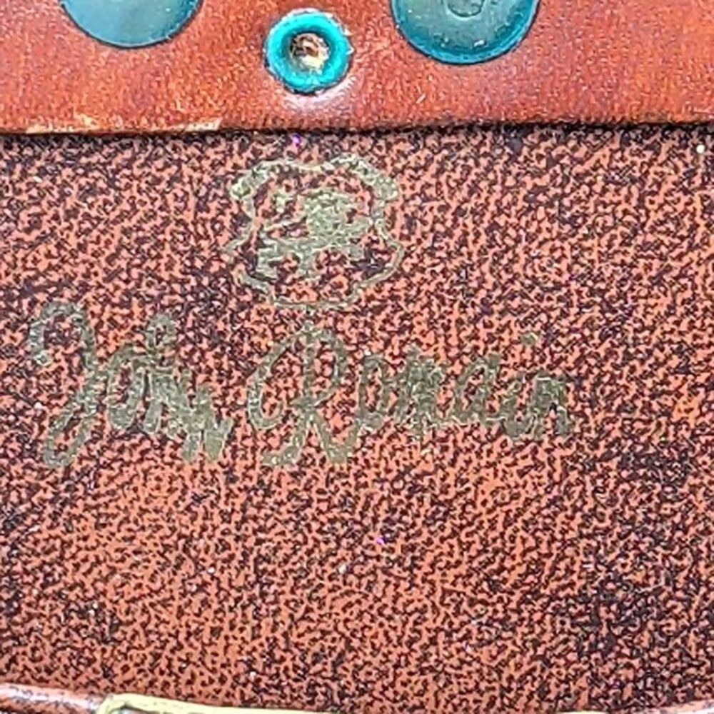 John Romain Vintage Leather Canvas Satchel Bag Je Taime Clasp Studded Brown Tan - Picture 8 of 10